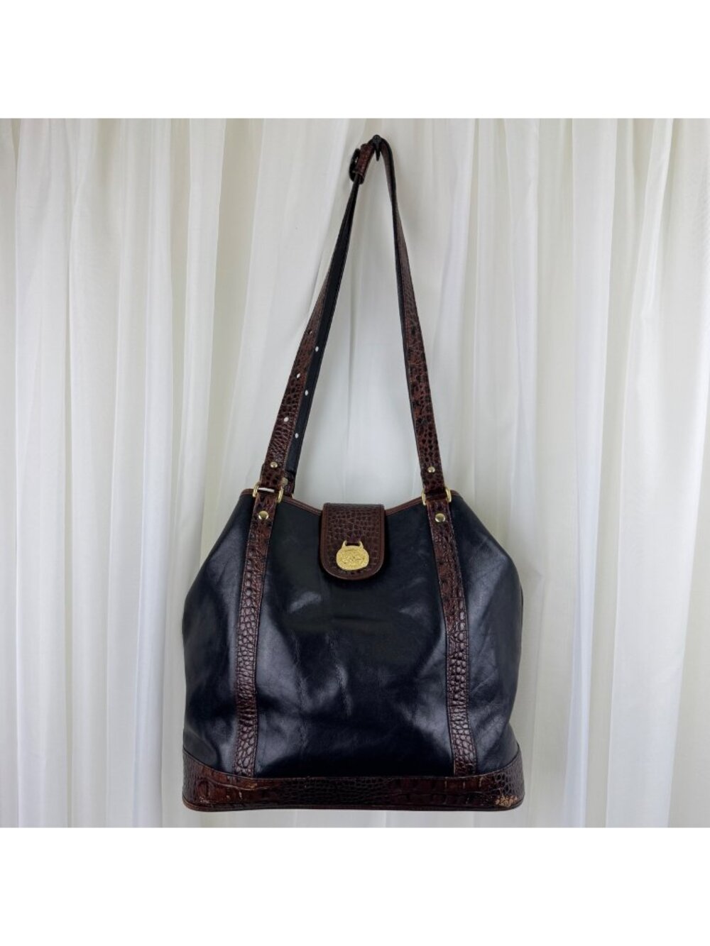 VTG Brahmin Large Leather Tote Bag Black Brown Croc Trim Shoulder Handbag Purse